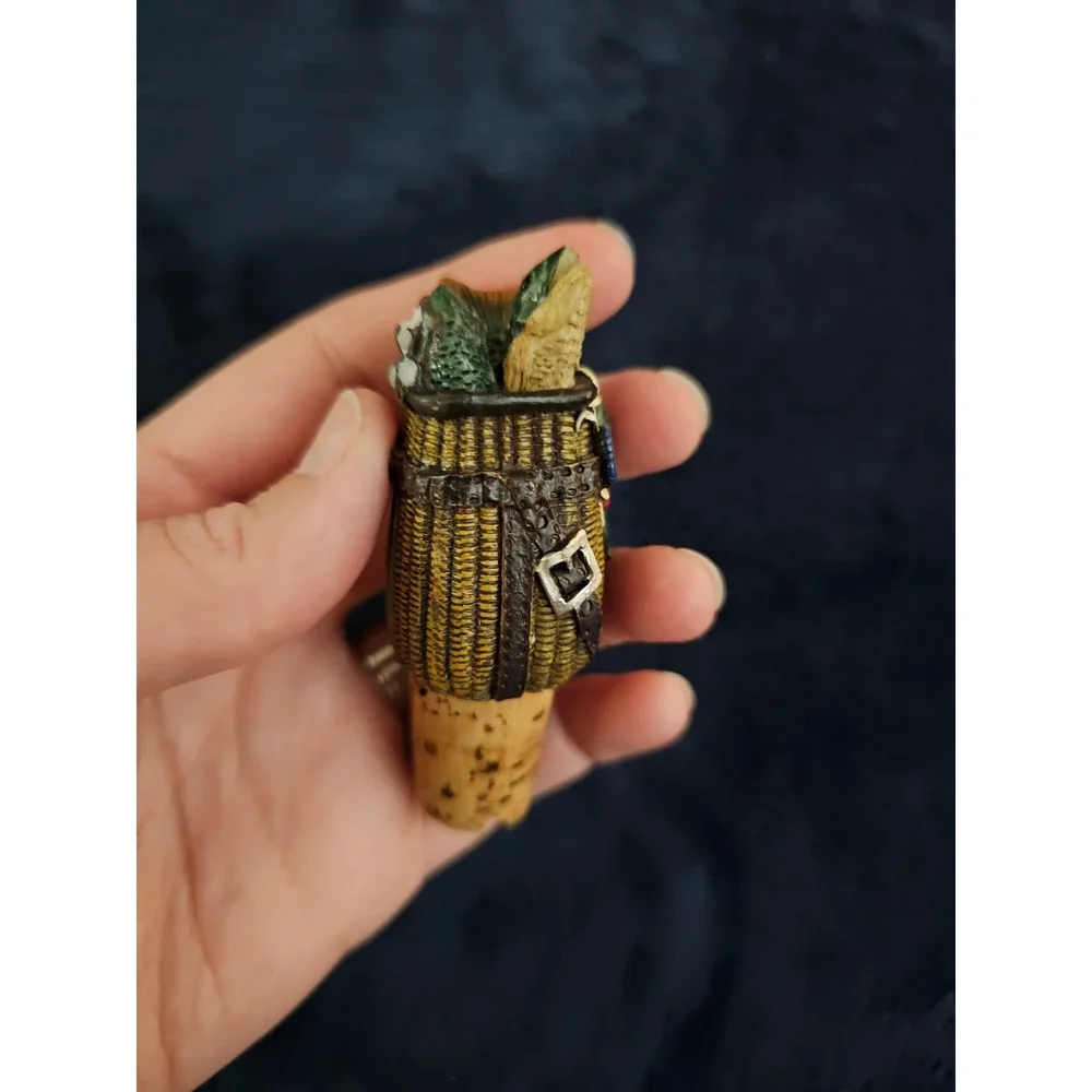 Fishing Creel Wine Bottle Stopper Resin Wicker Basket Fish Lures Cabin Decor